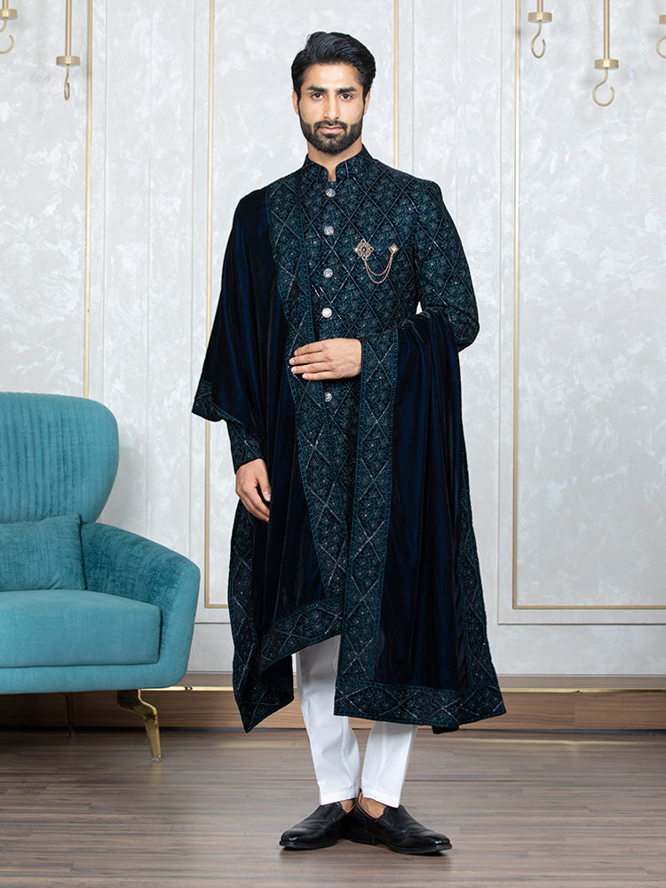 Rama Green Velvet Embroidered Sherwani Set with Dupatta