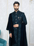 Rama Green Velvet Embroidered Sherwani Set with Dupatta