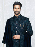 Rama Green Velvet Embroidered Sherwani Set with Dupatta