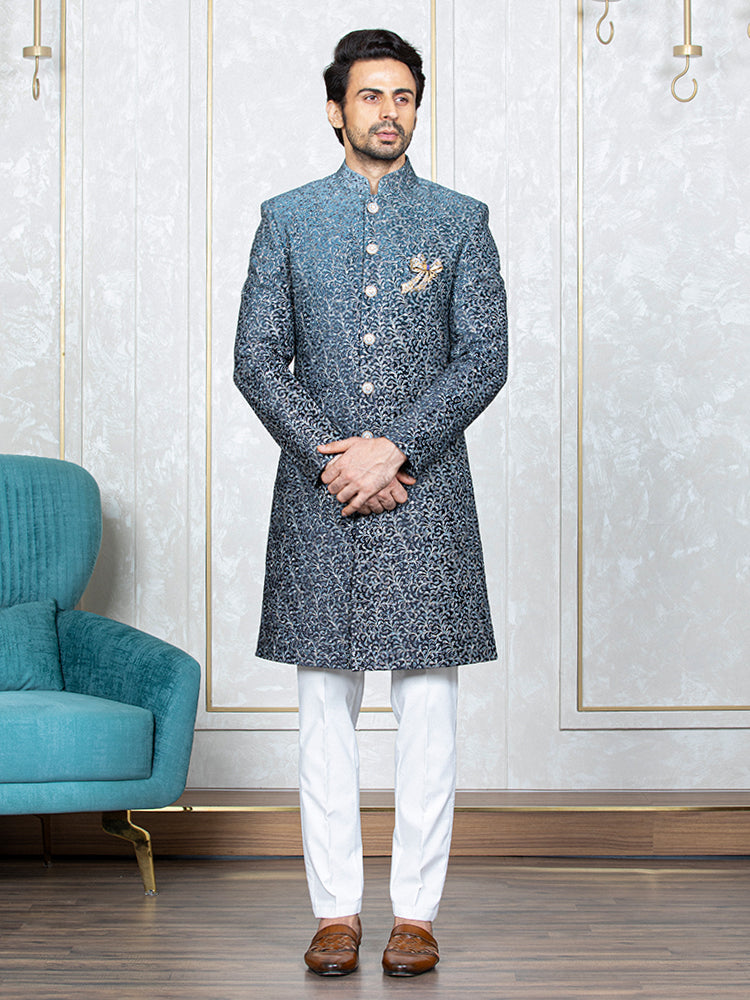 Grey Velvet Embroidered Sherwani Set