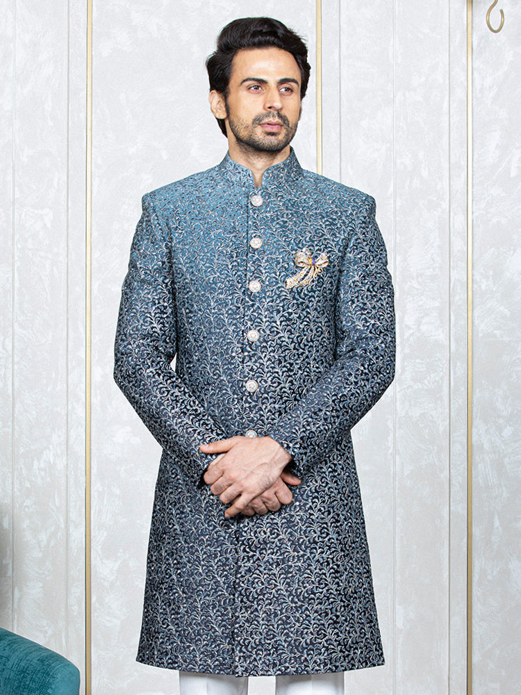 Grey Velvet Embroidered Sherwani Set