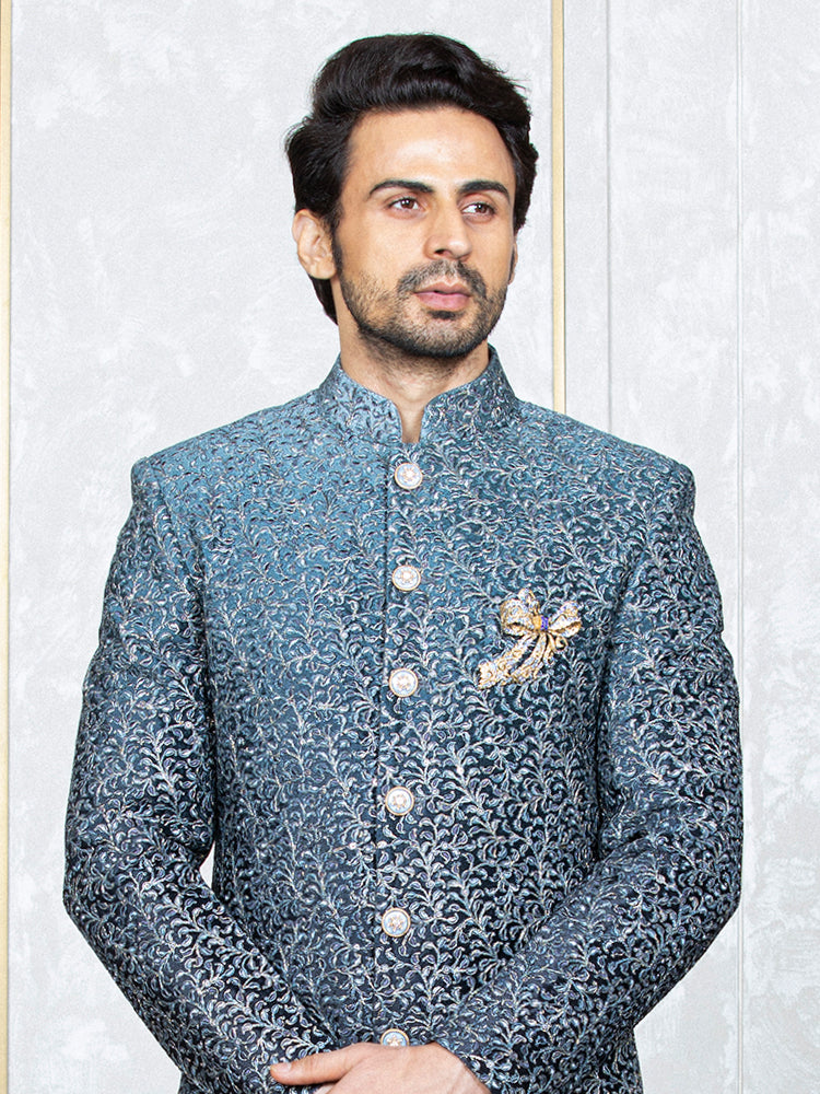 Grey Velvet Embroidered Sherwani Set