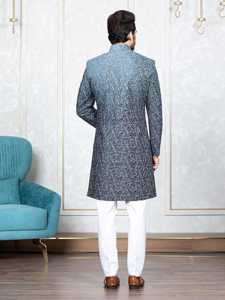 Grey Velvet Embroidered Sherwani Set