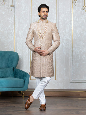 Gold Velvet Embroidered Sherwani Set