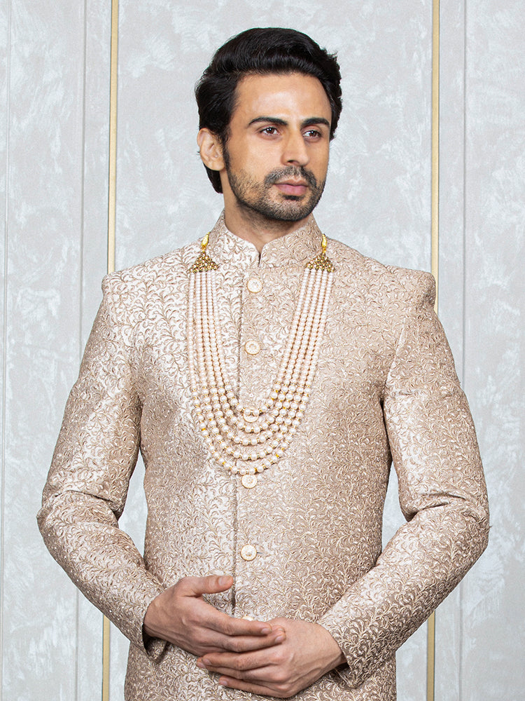 Gold Velvet Embroidered Sherwani Set