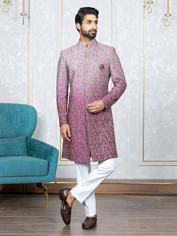 Dark Pink Velvet Embroidered Sherwani Set