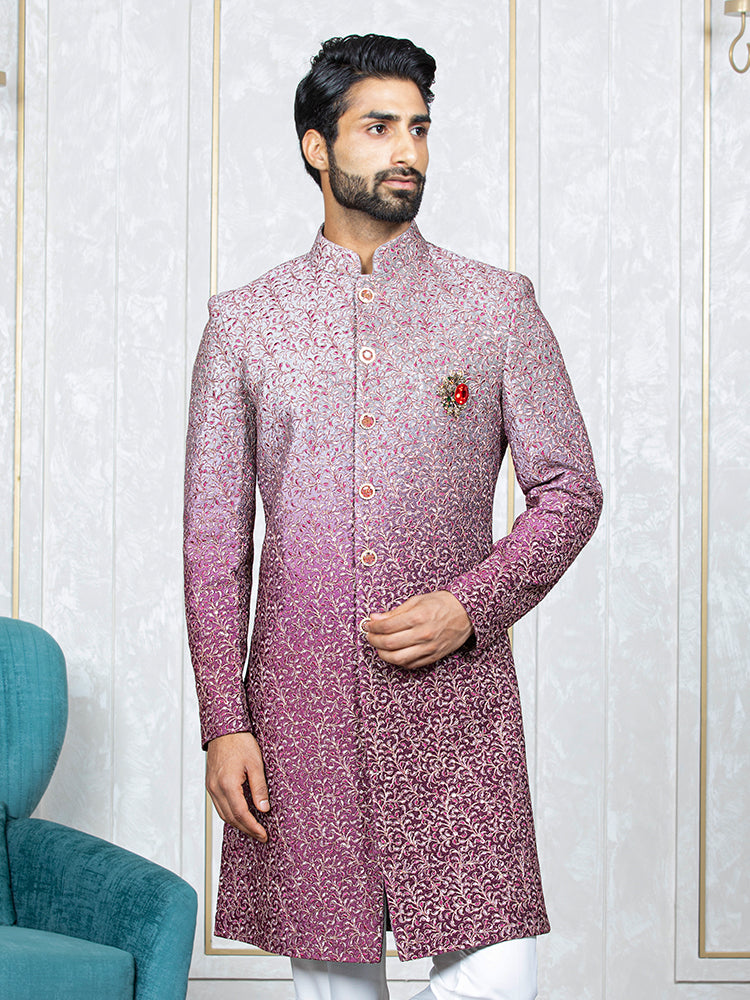 Dark Pink Velvet Embroidered Sherwani Set