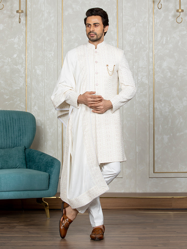 Cream Velvet Embroidered Sherwani Set with Dupatta