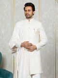 Cream Velvet Embroidered Sherwani Set with Dupatta