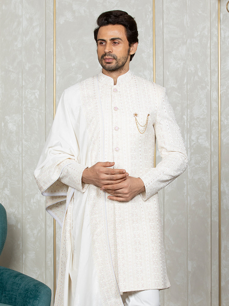 Cream Velvet Embroidered Sherwani Set with Dupatta