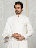 Cream Velvet Embroidered Sherwani Set with Dupatta