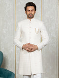 Cream Velvet Embroidered Sherwani Set with Dupatta