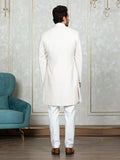 Cream Velvet Embroidered Sherwani Set with Dupatta