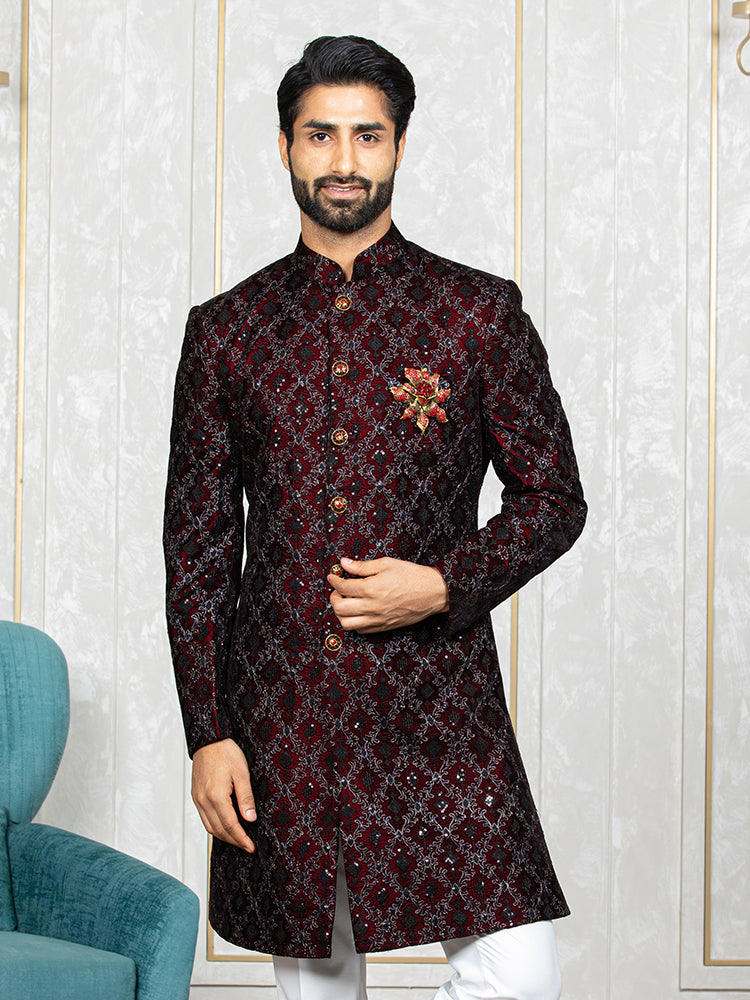 Mehroon Velvet Embroidered Sherwani Set with Dupatta