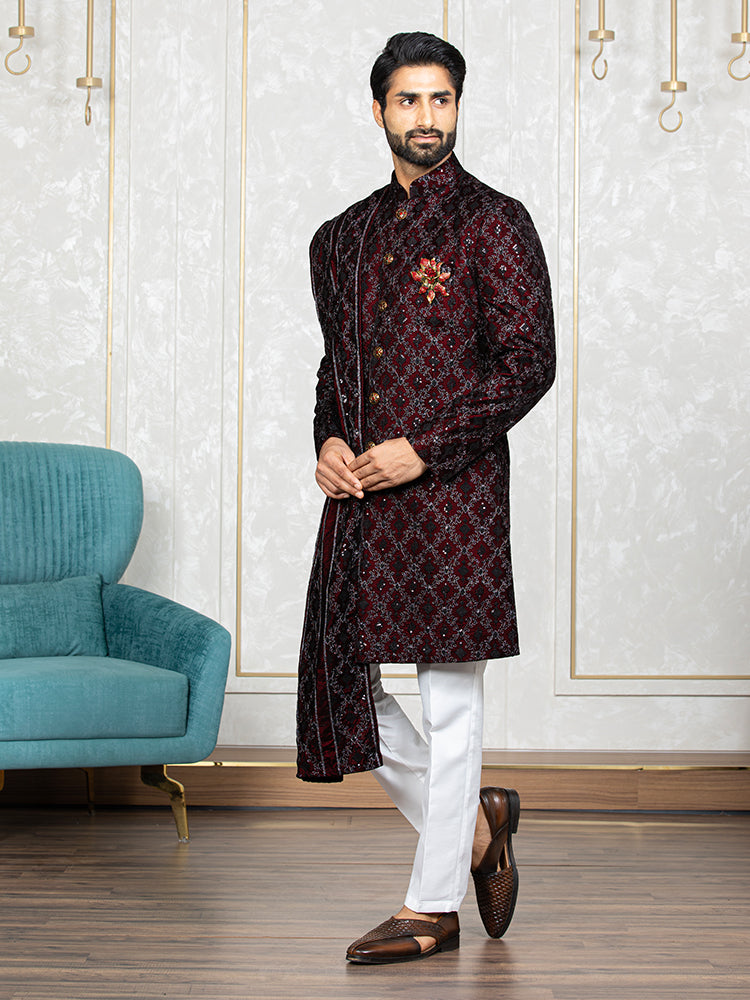 Mehroon Velvet Embroidered Sherwani Set with Dupatta