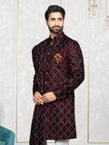 Mehroon Velvet Embroidered Sherwani Set with Dupatta