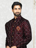 Mehroon Velvet Embroidered Sherwani Set with Dupatta