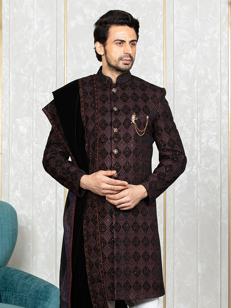 Black Velvet Embroidered Sherwani Set with Dupatta