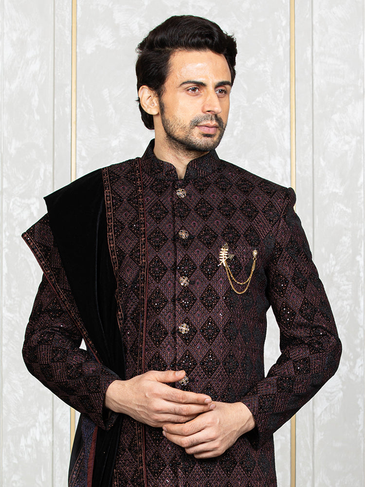 Black Velvet Embroidered Sherwani Set with Dupatta