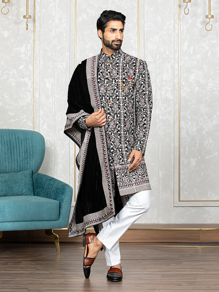 Black Velvet Embroidered Sherwani Set with Dupatta