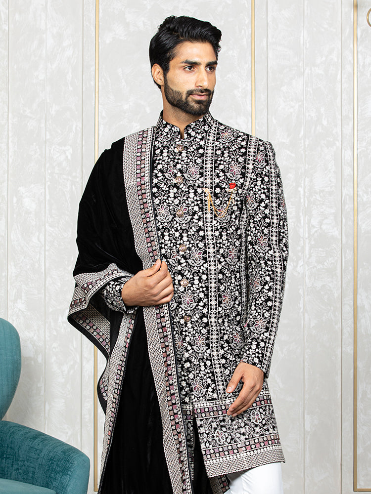 Black Velvet Embroidered Sherwani Set with Dupatta