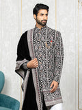 Black Velvet Embroidered Sherwani Set with Dupatta