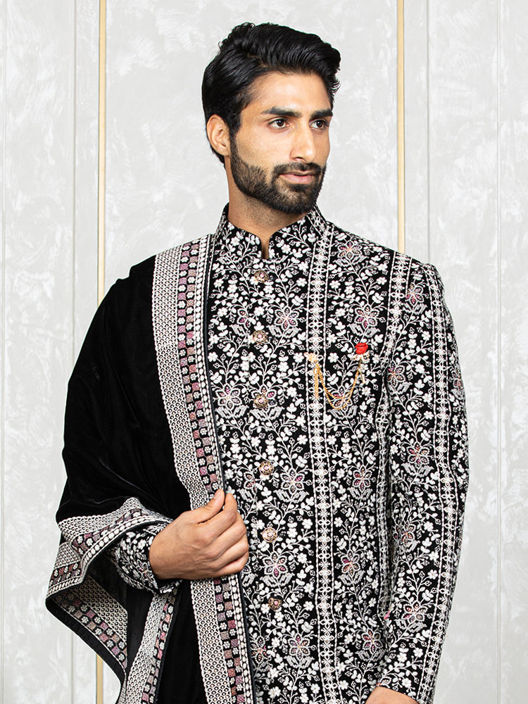 Black Velvet Embroidered Sherwani Set with Dupatta