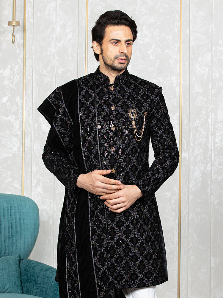 Black Velvet Embroidered Sherwani Set with Dupatta