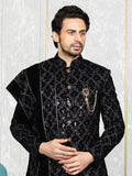 Black Velvet Embroidered Sherwani Set with Dupatta