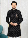 Black Velvet Embroidered Sherwani Set with Dupatta