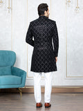 Black Velvet Embroidered Sherwani Set with Dupatta