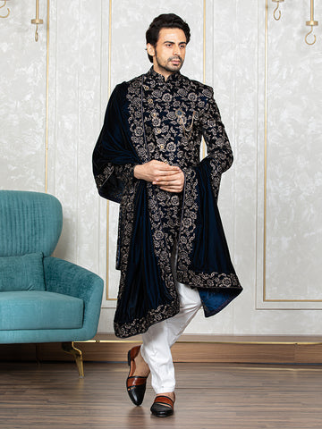 Navy Velvet Embroidered Sherwani Set with Dupatta