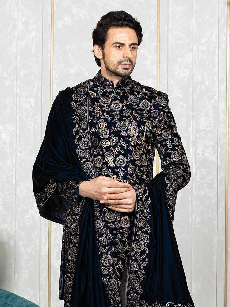 Navy Velvet Embroidered Sherwani Set with Dupatta