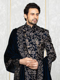 Navy Velvet Embroidered Sherwani Set with Dupatta