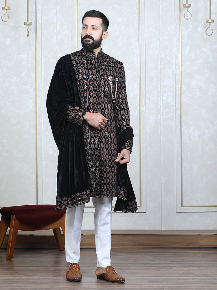 Wine Velvet Embroidered Sherwani Set with Dupatta