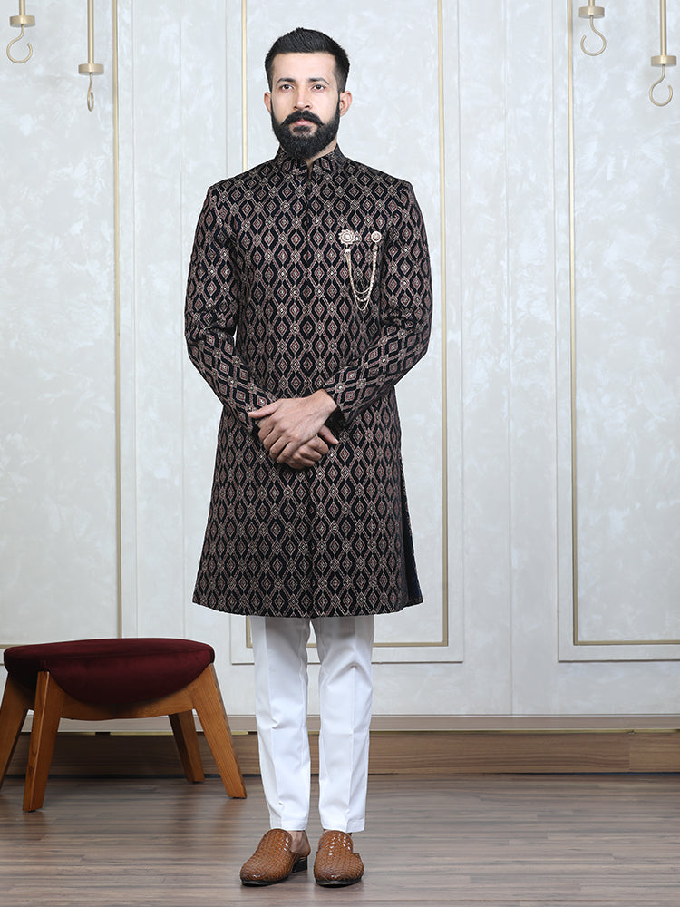 Wine Velvet Embroidered Sherwani Set with Dupatta