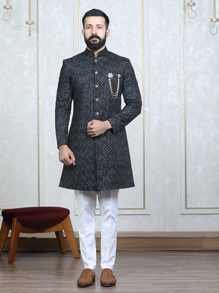 Rama Green Velvet Embroidered Sherwani Set with Dupatta