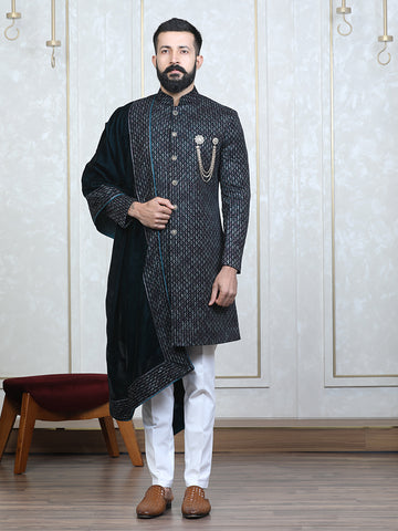 Rama Green Velvet Embroidered Sherwani Set with Dupatta