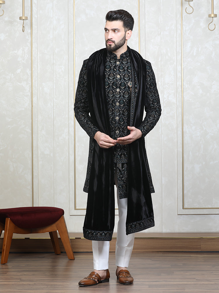 Rama Green Velvet Embroidered Sherwani Set with Dupatta