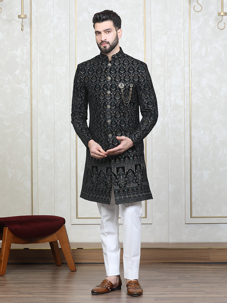 Rama Green Velvet Embroidered Sherwani Set with Dupatta