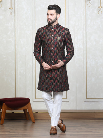 Black Velvet Embroidered Sherwani Set