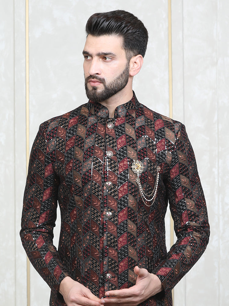 Black Velvet Embroidered Sherwani Set