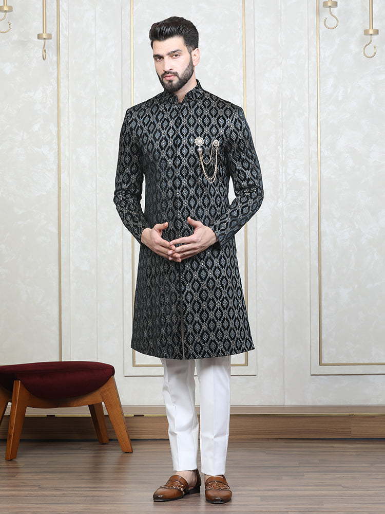 Rama Green Velvet Embroidered Sherwani Set with Dupatta