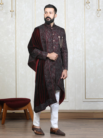 Mehroon Velvet Embroidered Sherwani Set with Dupatta