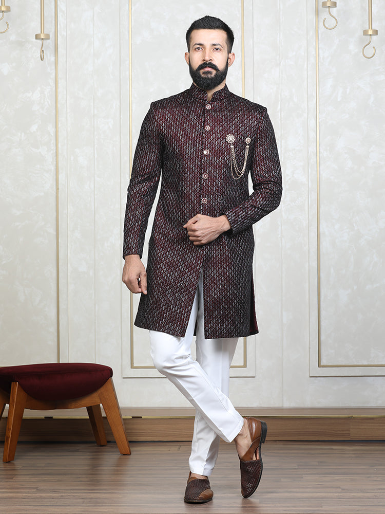 Mehroon Velvet Embroidered Sherwani Set with Dupatta