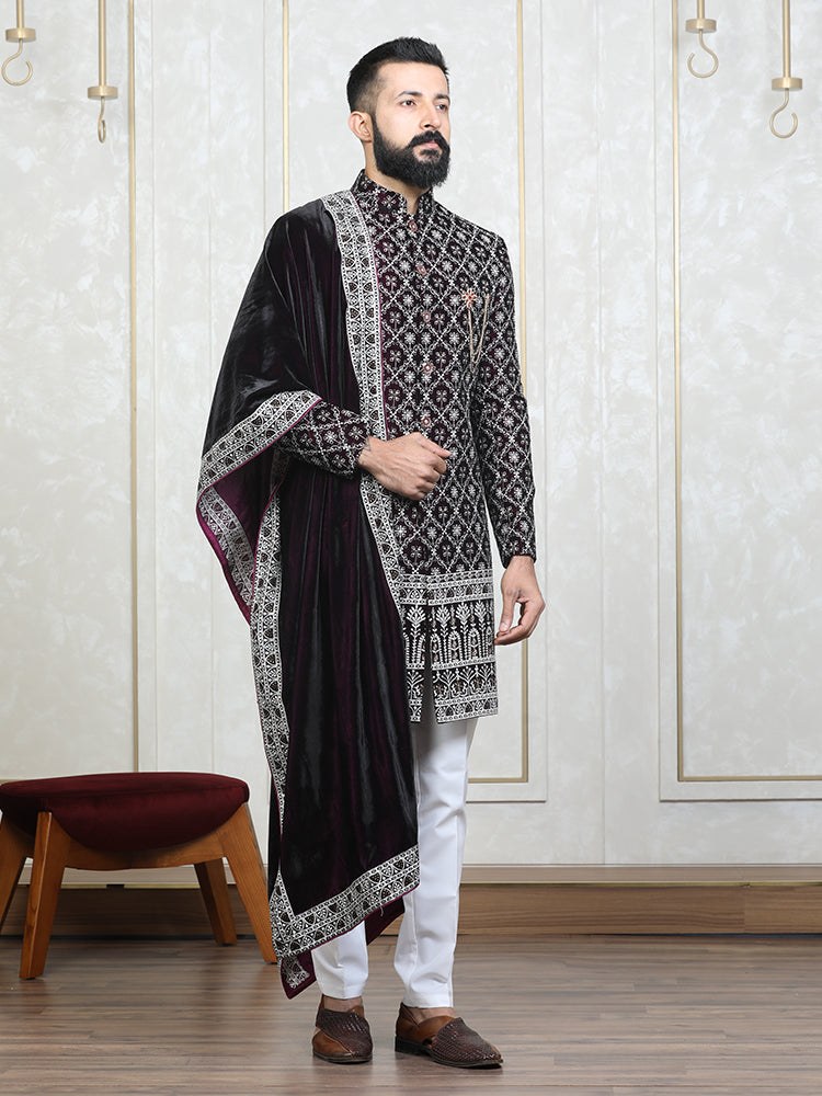 Wine Velvet Embroidered Sherwani Set with Dupatta