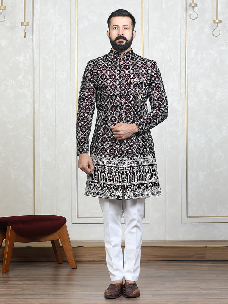 Wine Velvet Embroidered Sherwani Set with Dupatta