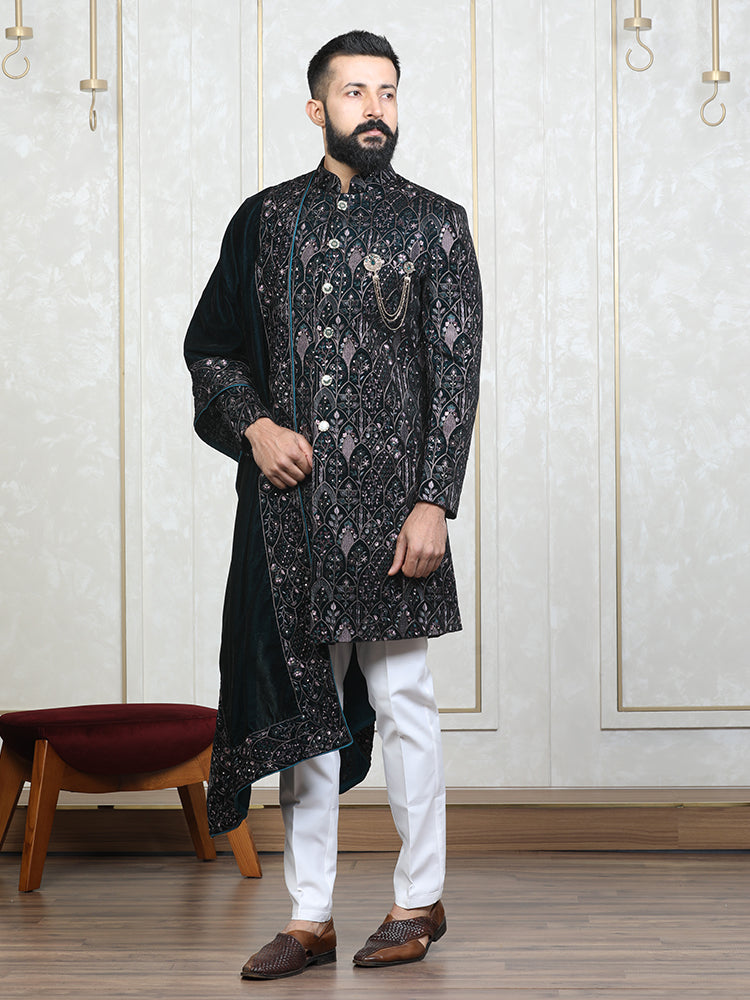 Rama Green Velvet Embroidered Sherwani Set with Dupatta