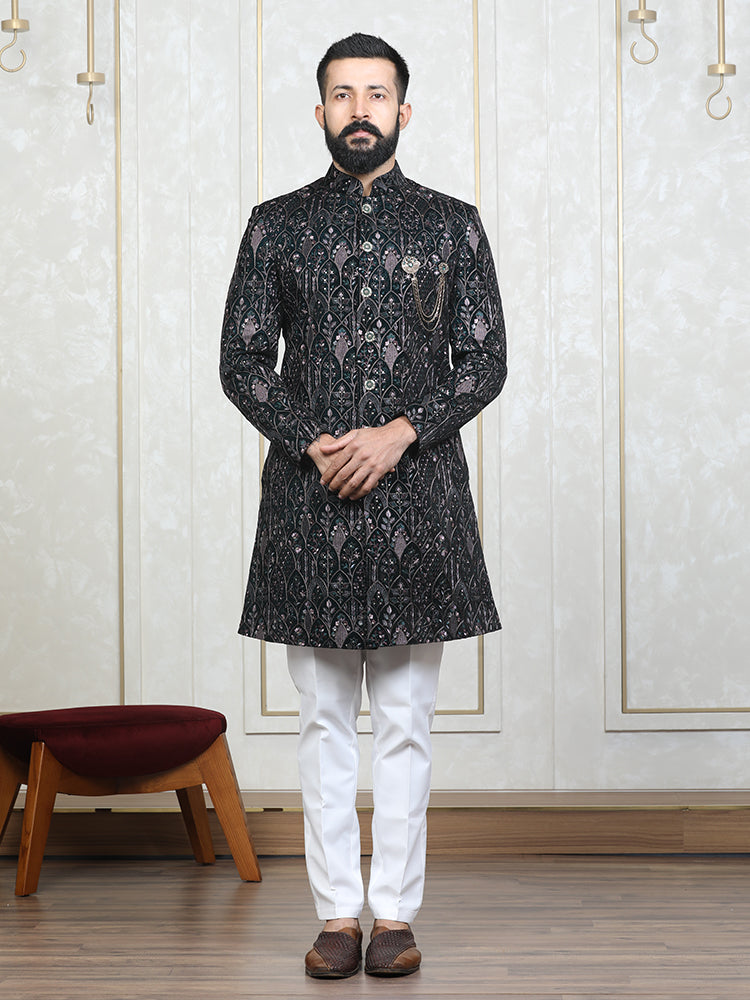 Rama Green Velvet Embroidered Sherwani Set with Dupatta