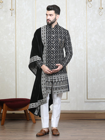 Navy Blue Velvet Embroidered Sherwani Set with Dupatta